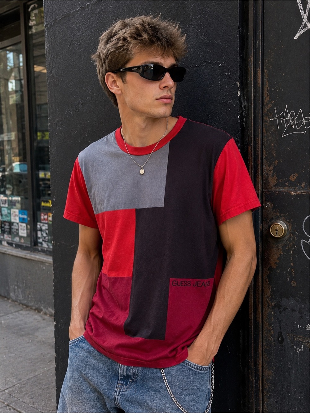 GUESS Jeans Color Block T-Shirt Men’s Small Red Gray Black 100% Cotton